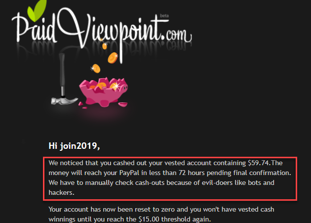 Email Verification That PaidView Point Sends You Once You Cash Out